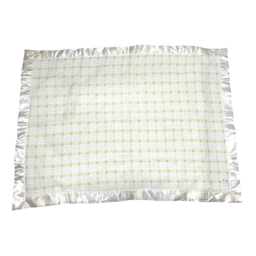 VTG Baby‎ Blanket Satin Trim Pastel Plaid Fleece Backing Union Label New 35”x47”